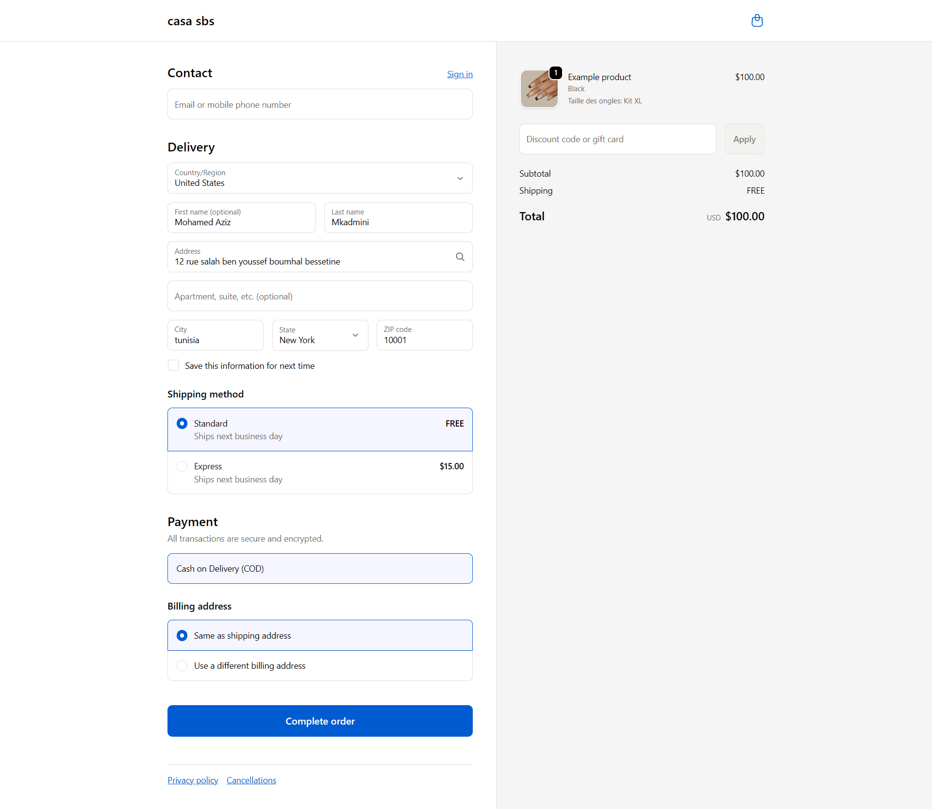 Checkout page